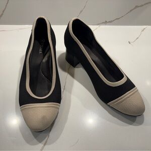 VIVAIA Black Knit Block Heel Pumps Beige Toe Cap